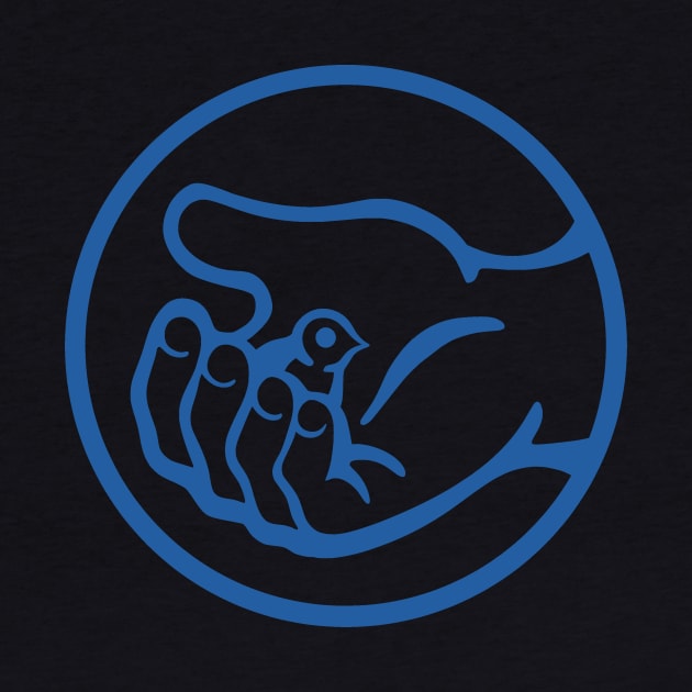 A small bird in a hand, as a symbol of care and compassion in blue ink by croquis design
